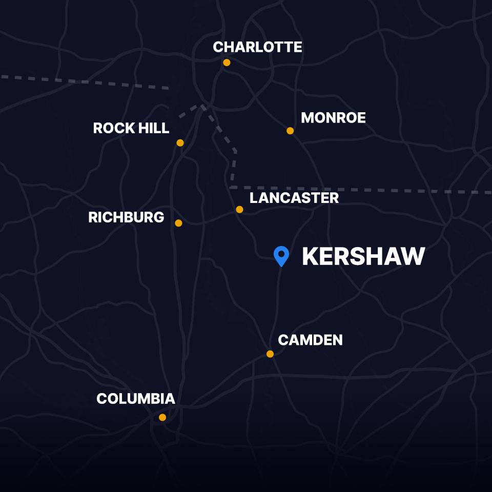 map zoomed in with dots specifying Camdenm, Lancaster, Richburg, and Rock Hill with a blue location icon at Kershaw