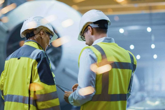 woman and man in yellow reflective clothing and white hard hats examine smart tablet in industrial setting